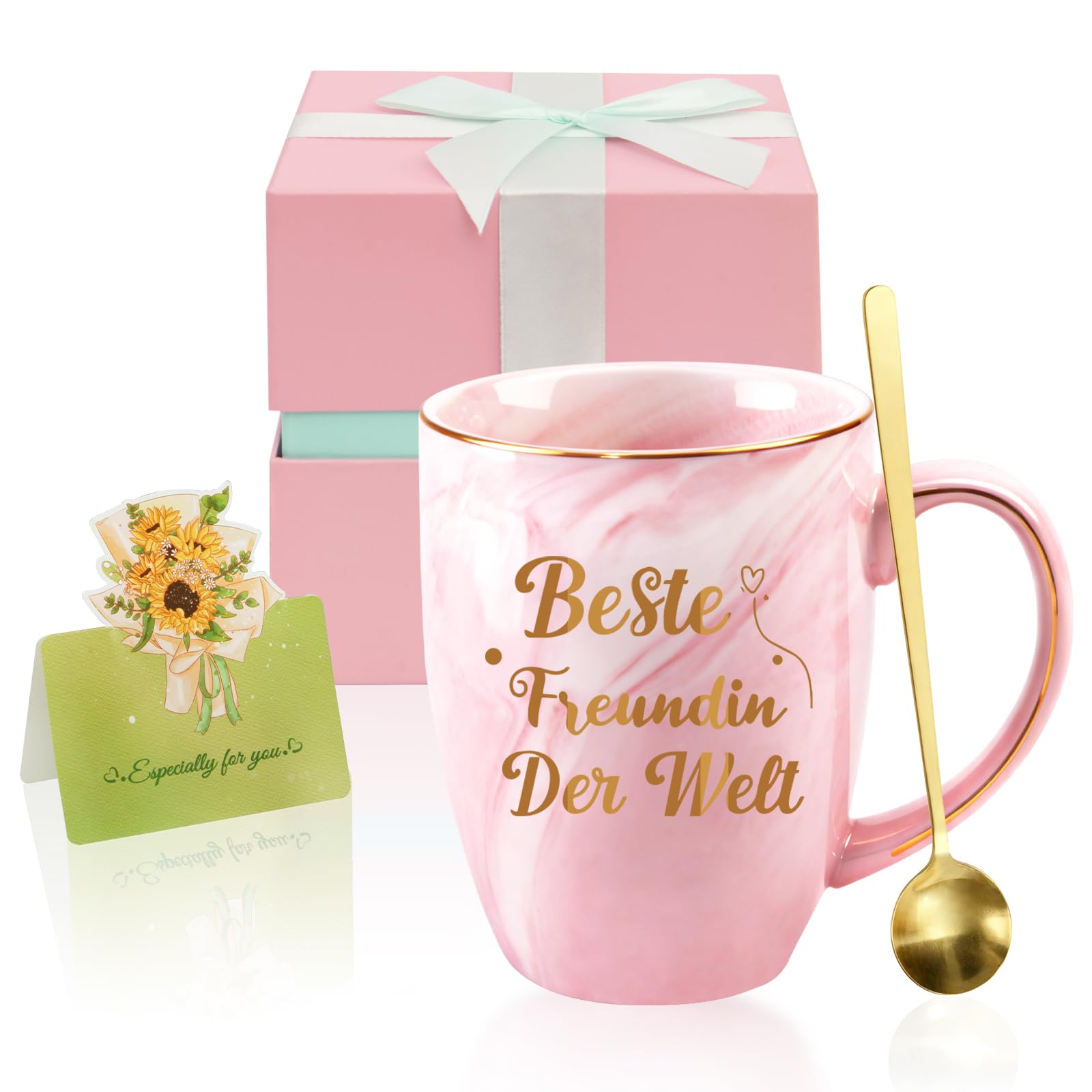 Geschenk für Freundin – Beste Freundin Tasse 500 ml mit Goldaufdruck, Deckel, Löffel & Grußkarte, zum Geburtstag oder Weihnachten, in Geschenkbox