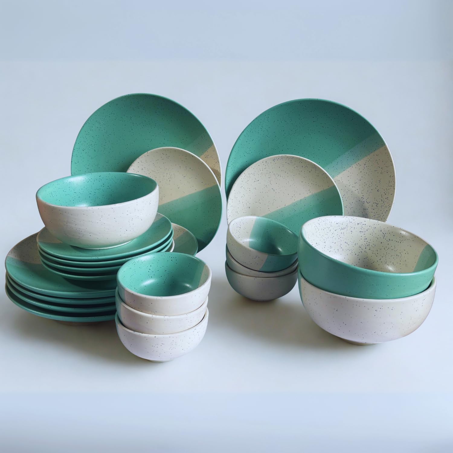 21-Piece Ceramic Dinnerware Set | 6 Dinner Plates, 6 Quarter Plates, 6 Bowls & 3 Large Serving Bowl | Dual Minth Green and Beige Color Speckled Design