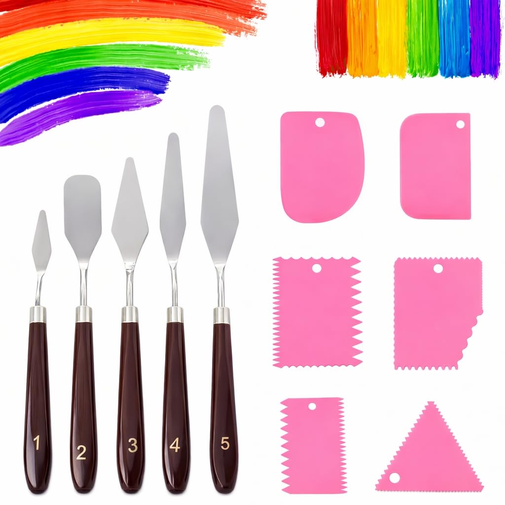 11 Pcs Palette Knife Set, 5 Pcs Pallet Knife Painting Tools with 6 Plastic Scraper Stainless Steel for Oil Painting Palette Knife Art Supplies