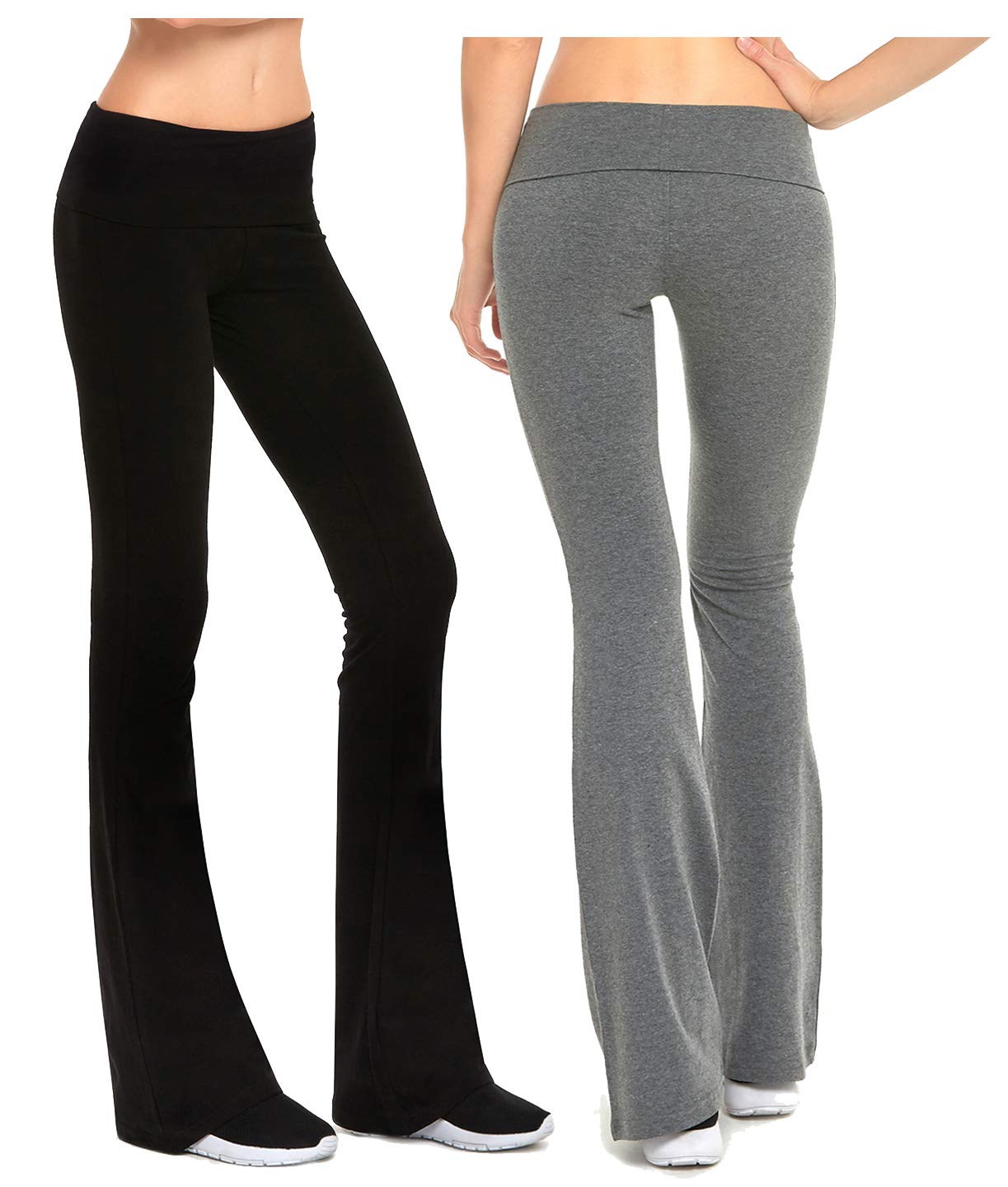 Gilbins Womens Fold-Over Waistband Stretchy Cotton Blend Yoga Pants with A Wide Flare Leg 2 Pack