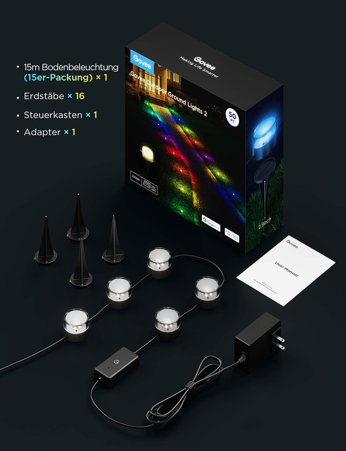 Govee Bodenleuchten Außenbereich 15m, IP67 Wasserdichte Bodenstrahler, 100 Lumen RGBIC mit Warmweiß, App-Steuerung, Gehwegbeleuchtung mit 63 Szenenmodi, Synchronisierung mit Musik,15er-Pack | IP67 Wasserdichte Bodenstrahler, App-Steuerung, Gehwegbeleuchtu