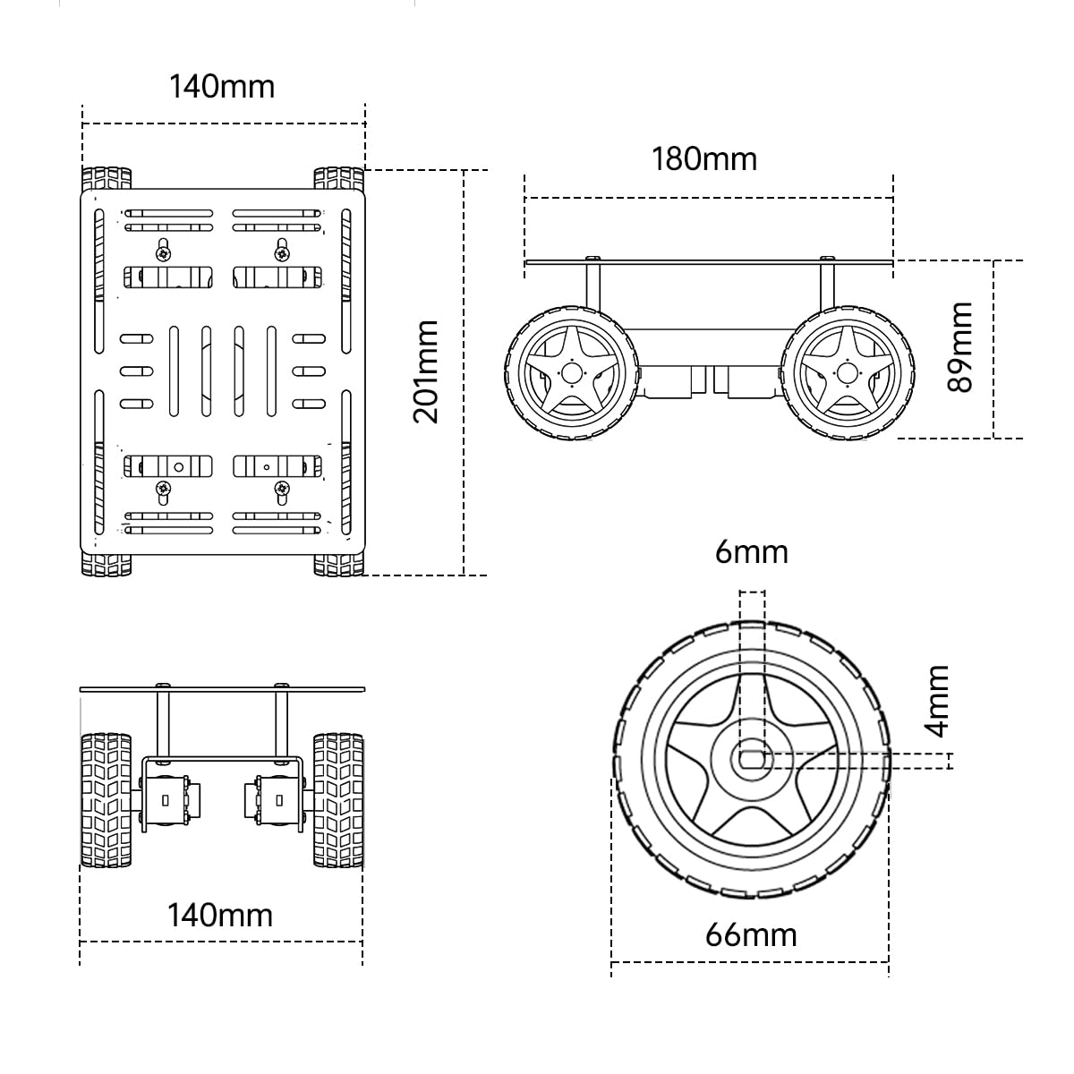 LewanSoul 4WD Smart Chassis Car Kit with Aluminum Alloy Chassis, TT Motor, 66mm Wheels, Robotic Moving Platform (Black, Unassembled) - Image 3