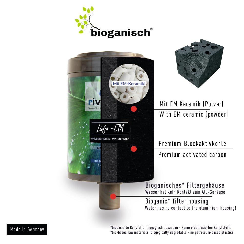rivaALVA Life EM Edelstahl Wasserfilter Set - Trinkwasserfilter mit Blockaktivkohle, EM-Keramik, bioganischem Kartuschengehäuse und Anschlussset