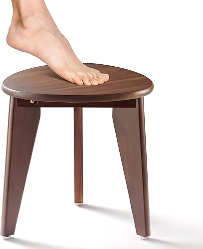 BLUEWEST Taburete de ducha para afeitarse piernas, reposapiés de madera de acacia (nogal, asiento redondo)