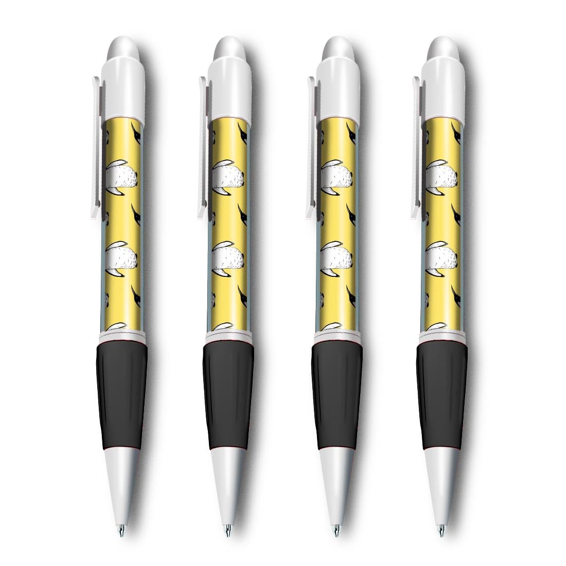 Set of 4 White Ballpoint Pens (Photo Insert) - Yellow Penguin Animal Pattern - Soft Feel Finger Grip #170952