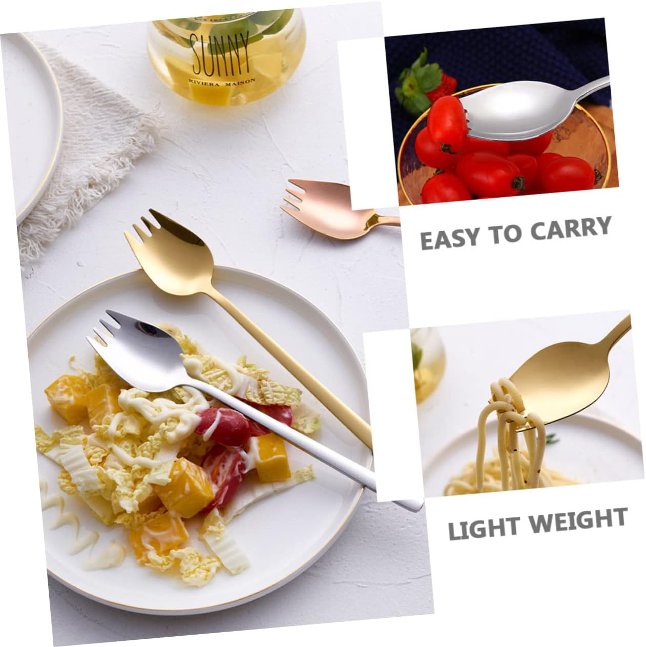 6pcs Fork and Spoon Stainless Steel Sporks Forks Spoons for Salad Serving Reusable Utensils Noodle Snacks Multi-purpose Tableware Portable Fruit