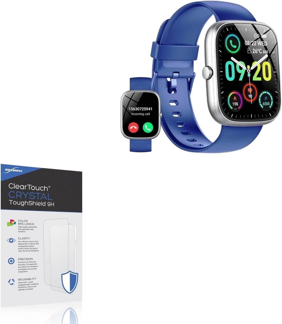 BoxWave Screen Protector Compatible with Tikland Smart Watch (1.96 in) - ClearTouch Crystal ToughShield 9H (2-Pack), Clear 9H Tough Flexible Film Screen Protector