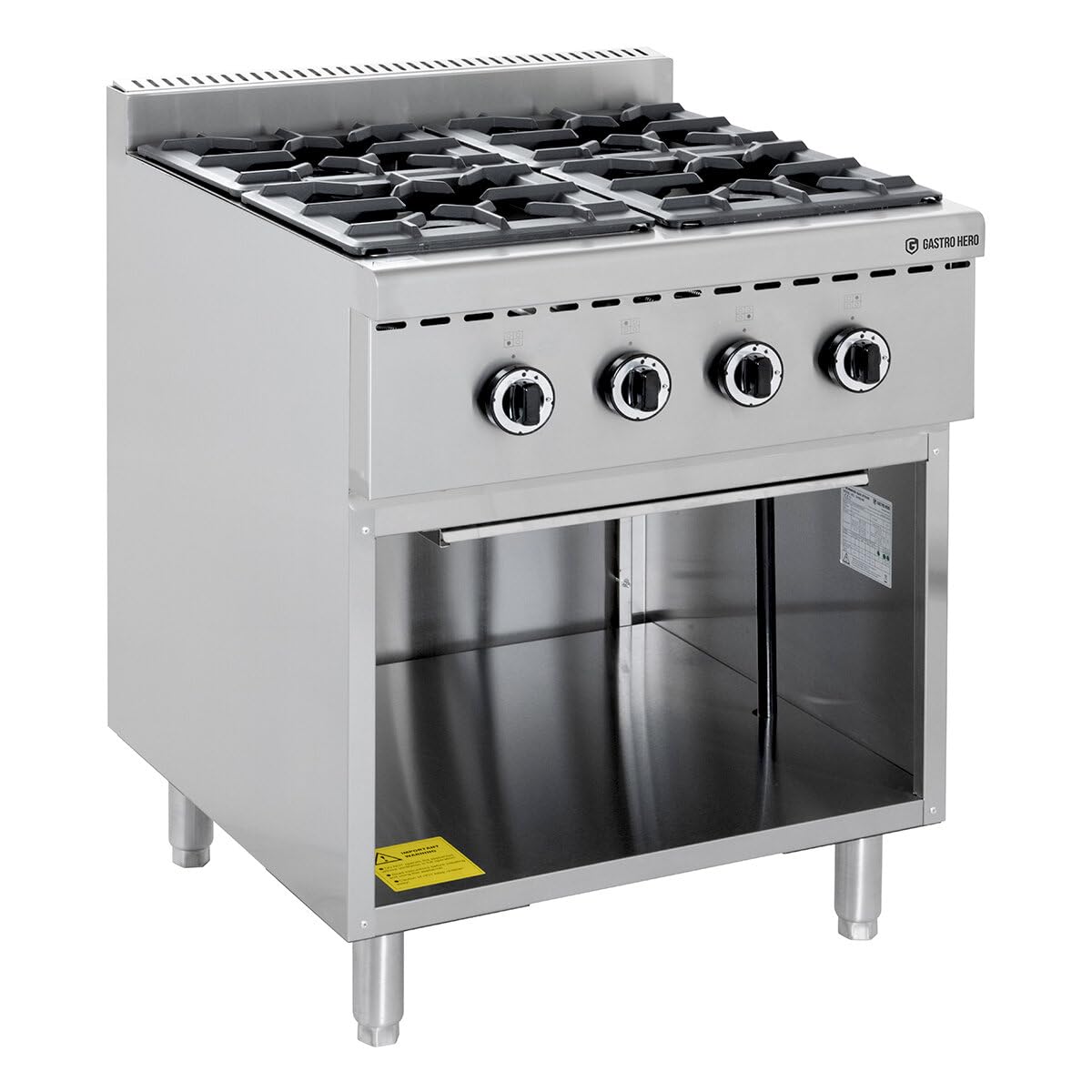 GastroHero Cuisinière à gaz 4 brûleurs 28,8 kW en acier inoxydable sur pied ouvert sous montage ECO série professionnelle cuisinière à gaz gastronomie