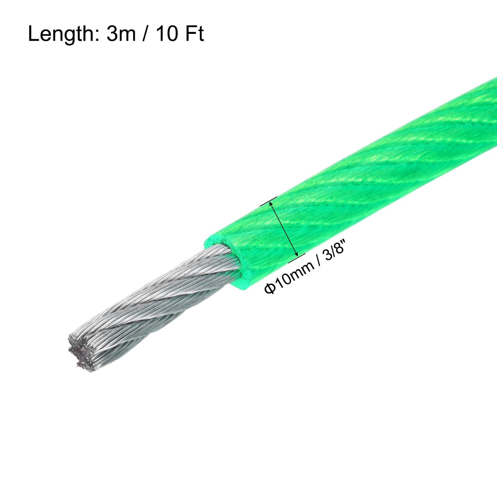 MECCANIXITY 10mm (3/8 inch) Green Vinyl Coated Wire Rope, 3meter /10ft Galvanized Steel Cable Wire Rope with 2PCS M10 Loop Sleeves for String Light Hanging, Deck Railing, Garden Wire
