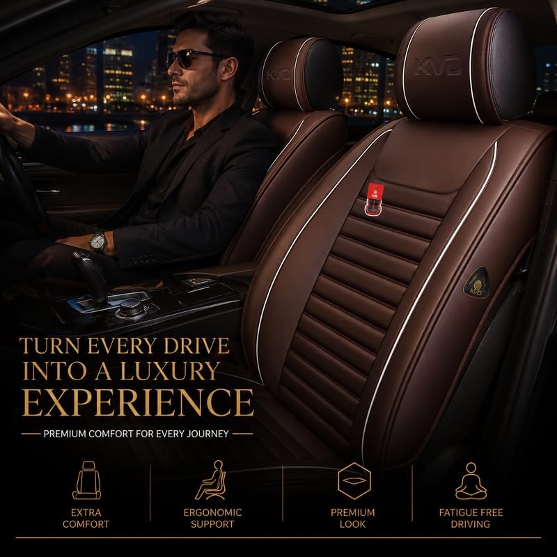 Image of KVD AUTOZONE Heavy Nappa Leather Luxury Car Seat Cover Compatible with Isuzu D-Max /V-Cross Coffee + White (5 Year Warranty) - Dz016 /119