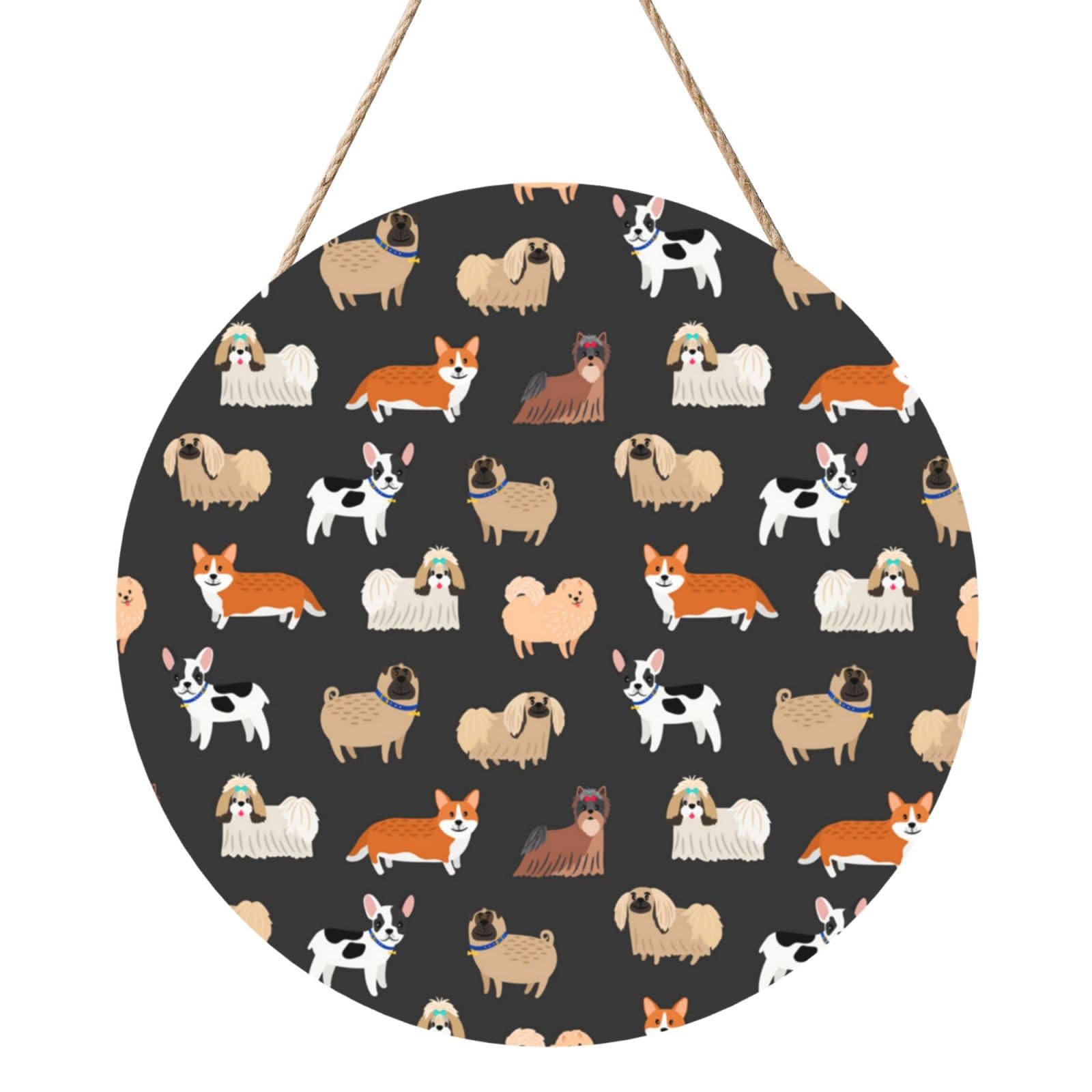 InOmak Cute Decorative Dogs Pattern, Round Wood Panel Painting 12 in, Wall Hanging Painting For Home