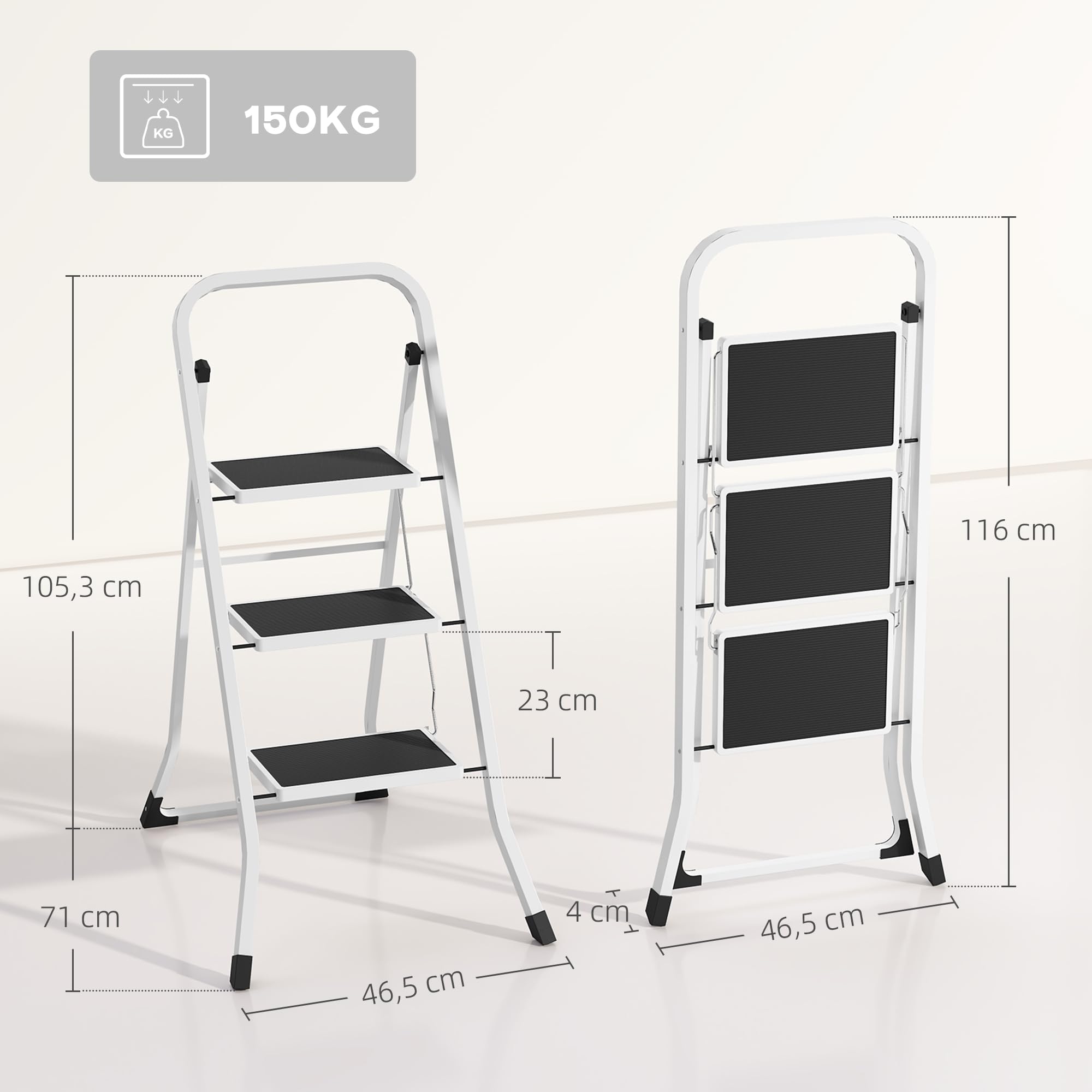 HOMCOM Escalera Plegable de 3 Peldaños Escalera de Tijera Carga hasta 150 kg con Pedal Antideslizante Fácil de Guardar y Transportar para Hogar Cocina Oficina Blanco