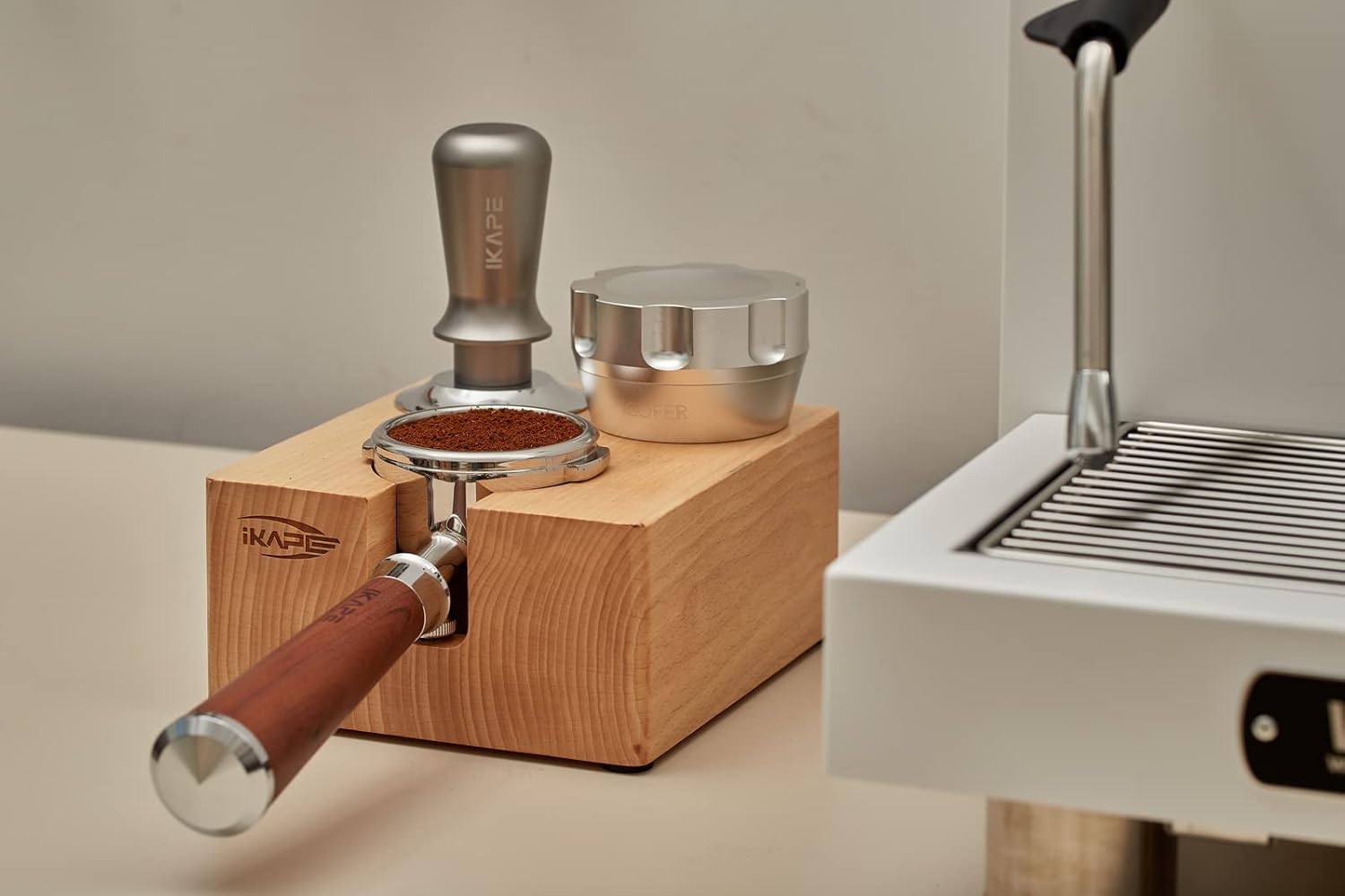 IKAPE Espresso Tamper Holder, 58MM Wood Coffee Tamper Station Base, Natural Wooden Tamp Mat Stand Fit for 58mm Accessories - Can Adjustable Portafilters Stand Height (3 Hole)