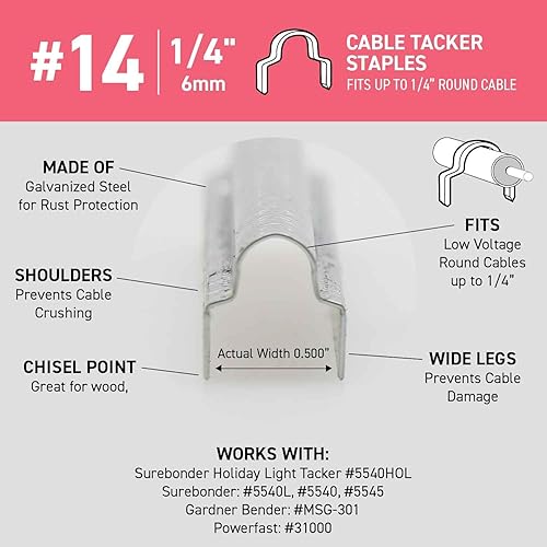 Miniatura 5 de Surebonder Grapas redondas #14 para cable de TV y computadora, se adapta a cables de hasta 1/4 pulgadas de diámetro, 630 grapas