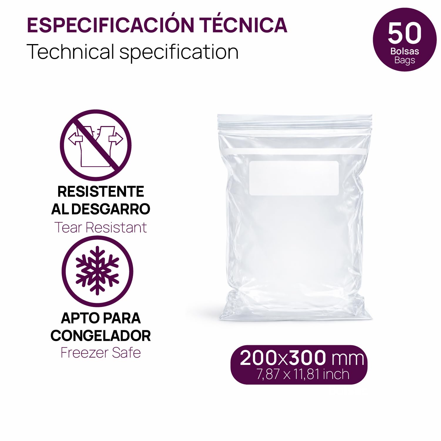 Bolsas ZIP Transparentes 200x300 mm con Cierre Hermético, Bolsas Zip para Alimentos, Snacks, Congelación y Organización de Cocina y Viaje – Ofituria (50 Bolsas)