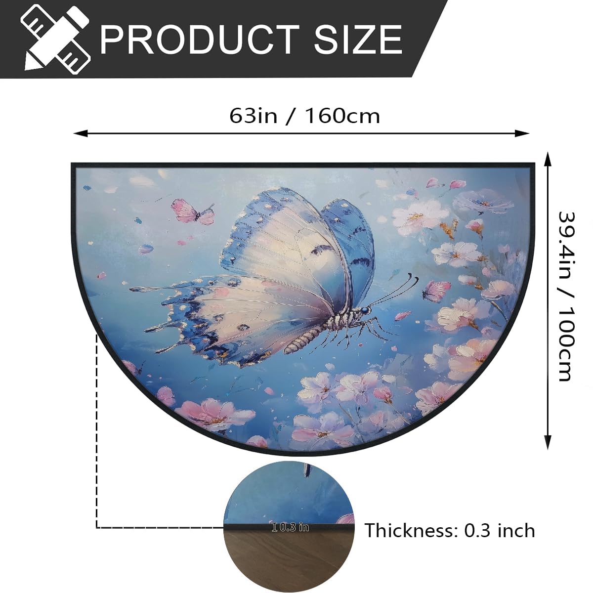 Mexpekil Paillasson demi-rond antidérapant lavable en demi-lune avec motif papillon et motif floral bleu - pour intérieur et extérieur - 100 x 160 cm