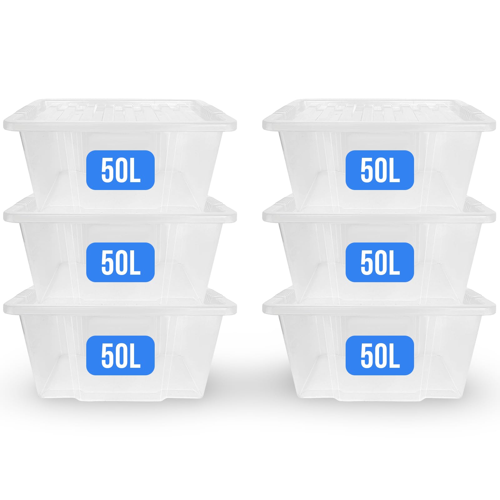 KAPCO Large Storage – 50L Stackable Plastic Box Storage (6 Pack) | Clear Plastic Containers with Snap-On Lids for Garage, Home, or Office Use | Heavy-Duty, BPA-Free Organisers | 50 Litre – Made in U.K