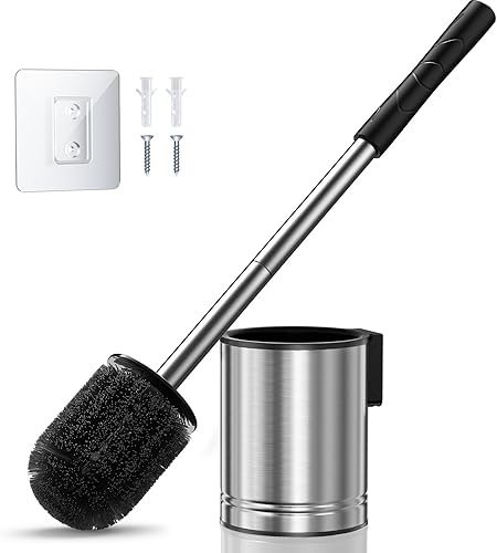 HAMITOR Toilet Bowl Brush Set: Compact Space-Saving Design with Hidden Holder for Small Bathrooms, Apartments & RVs - Bathroom Cleaning Accessories - Rustproof Toilet Scrubber Cleaner Kits Silver