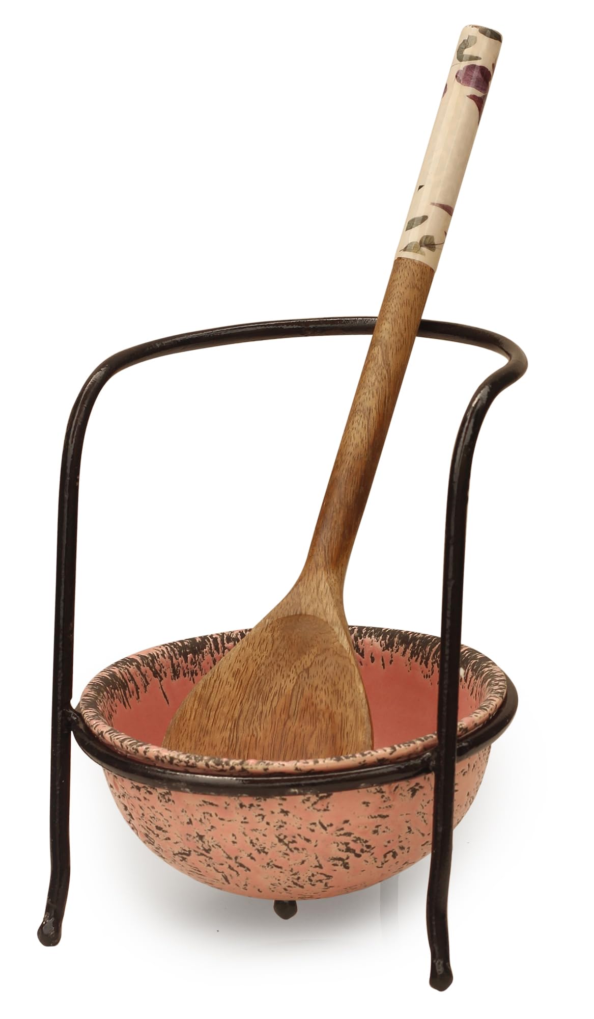 ABHANDICRAFTS Metal Spoon Rest with Red Ceramic Dish - Upright Utensil Holder for Stovetop & Kitchen Organization (AB-SPOON-026)