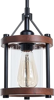 Farmhouse Pendant Light in Wood and Metal Cage, Rustic Brown Wood Pendan...