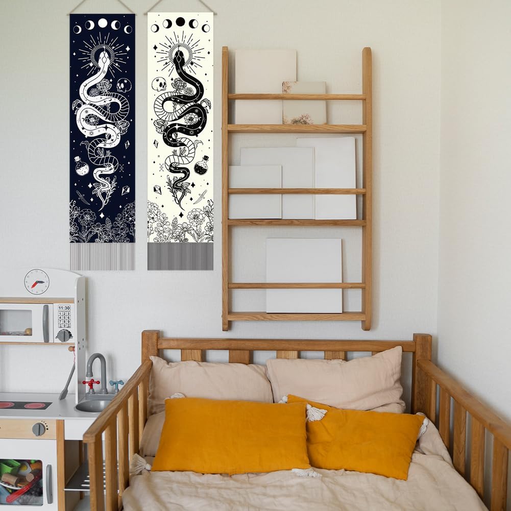 SUPERDANT Pack of 2 Snake Tarot Tapestry Floral Moon Wall Hanging Decor Tapestry For Bedroom Vertical Tapestries Blanket Long Narrow Wall Art with Tassel for Home Livingroom Decor Gifts Black White