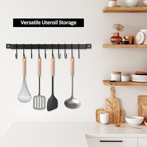 Miniatura 5 de QWORK Paquete de 2 soportes para utensilios de cocina, riel con 10 ganchos, organizador multiusos montado en la pared para utensilios, utensilios de