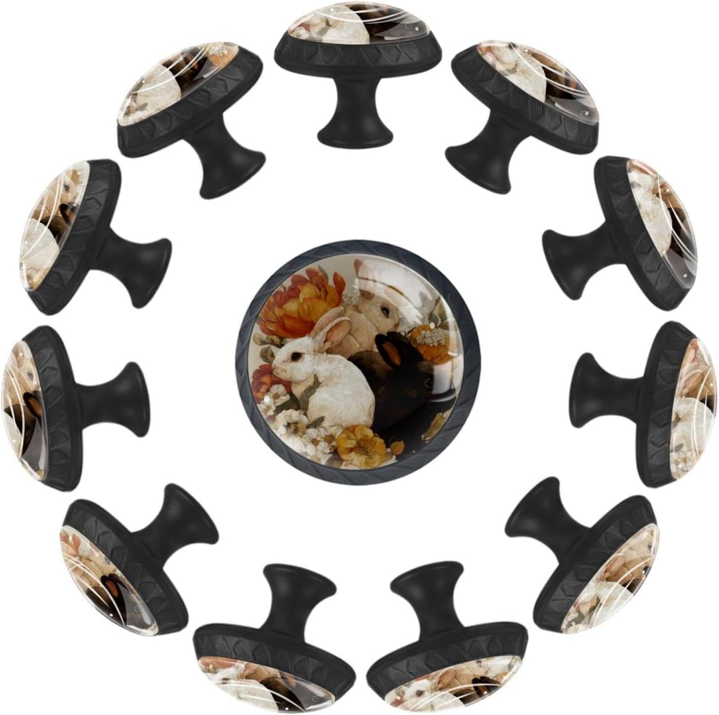 Black Base Easter Rabbits Floral (5) Decorative Hardware, Round Drawer Knobs for Various Wooden Cabinets