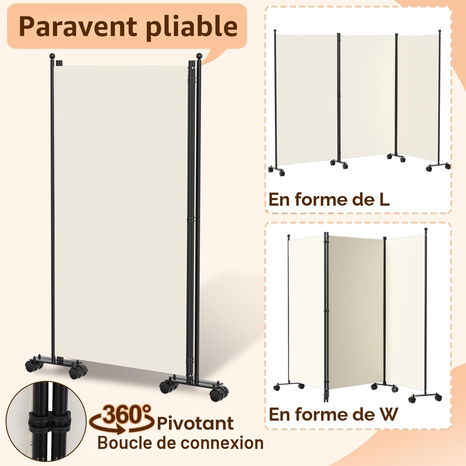 Ikodm Paravent pour extérieur avec roulettes, 3 pièces, 263 x 181 cm, résistant aux intempéries, pour extérieur et bureau, couleur beige