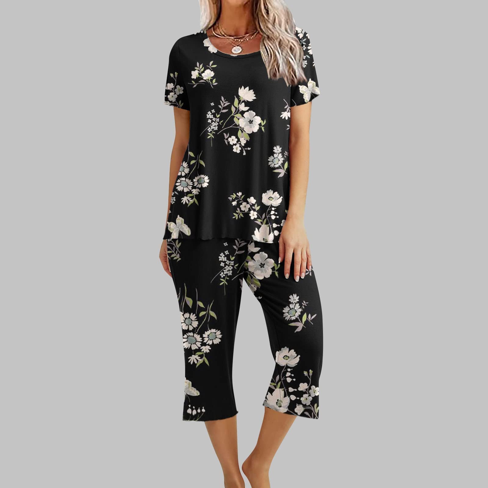 Pyjama élégant pour femme - Imprimé floral - Pyjama 2 pièces | Ensemble de pyjama avec poches - Manches courtes - Col rond et taille élastique - Pantalon de pyjama 7/8