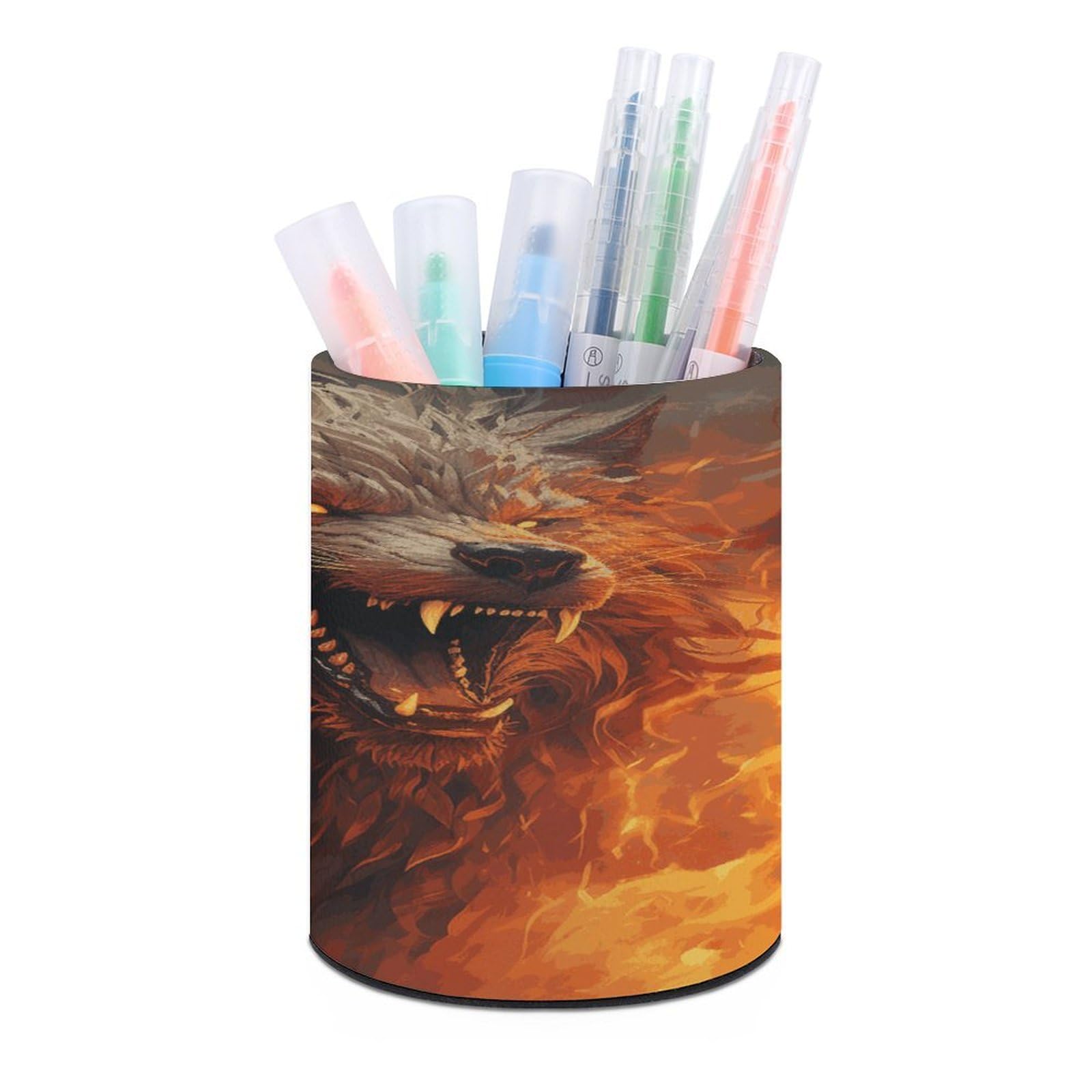 FekiLoot Round Wild Wolf in The Fire Pen Holder for Desk PU Leather Waterproof Pencil Cup Stand Minimalist Makeup Brush Storage Organizer Desktop Stationery Container Accessorires