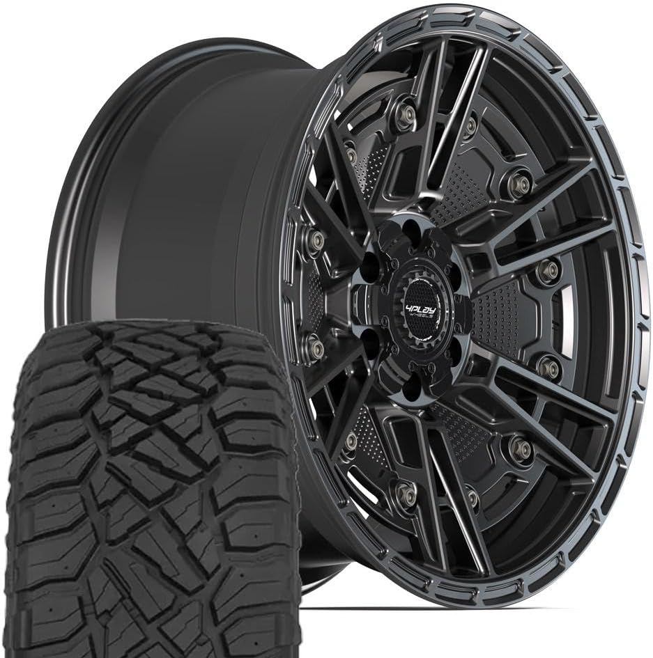 4PLAY Wheels 4PS01 17 Inch Rims and Tires Fit 6x135 & 6x139.7 17x9 Satin Black - TerraMax RT 33x12.50/17 (Set of 4)