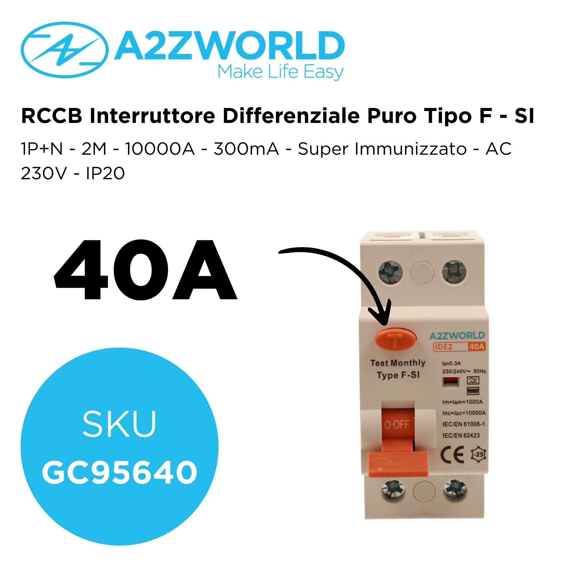 Interruttore Differenziale Tipo F-SI Super Immunizzato, Salvavita 40A, RCCB 0.3A 1P+N 10kA 300mA 2 Moduli, Risolvi Scatti Indesiderati da Armoniche e Sovratensioni Impulsive