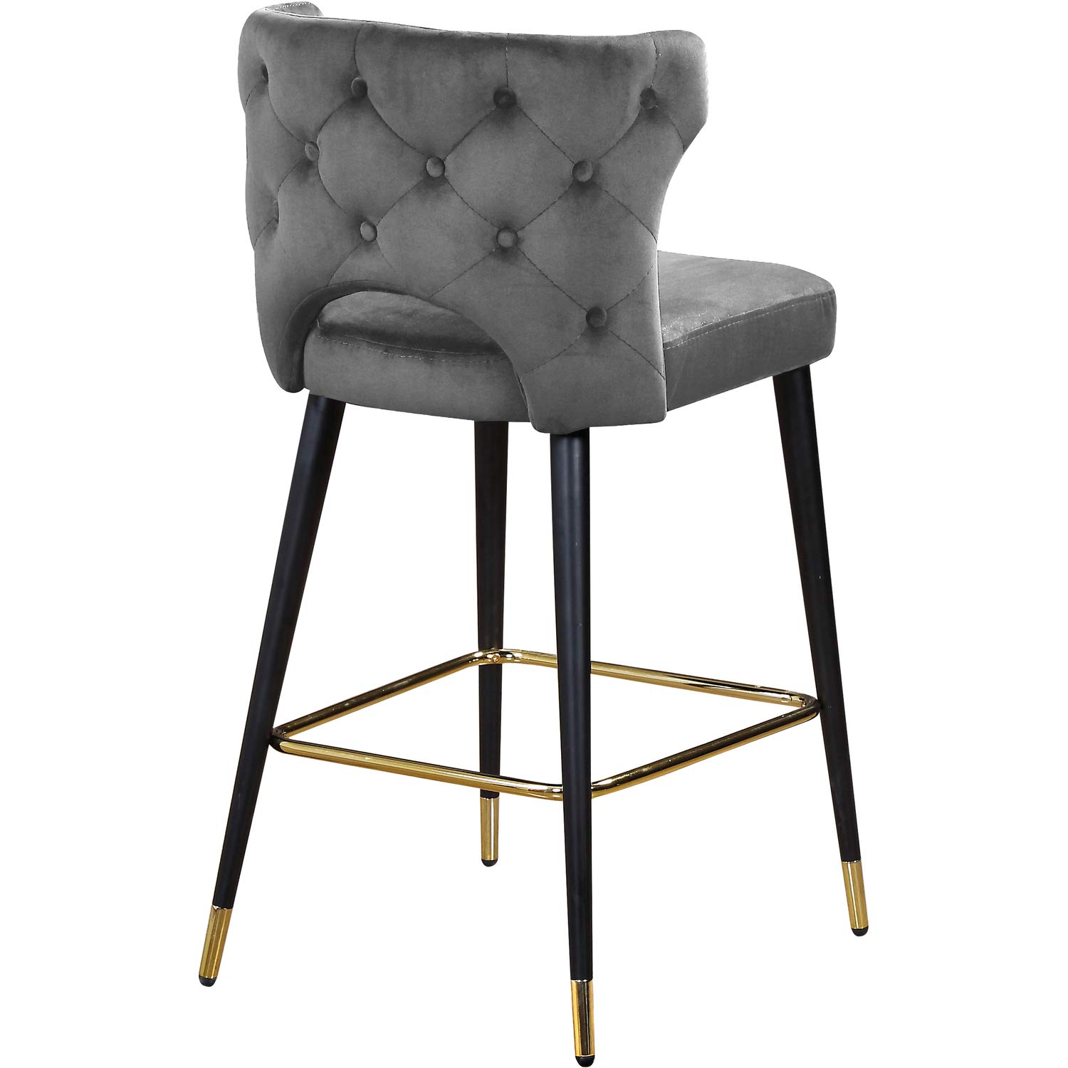 Meridian Furniture Kelly Collection Modern | Contemporary Velvet Upholstered Counter Height Stool with Gold Tipped, Black Metal Legs, Grey, 22" W x 19" D x 38.5" H