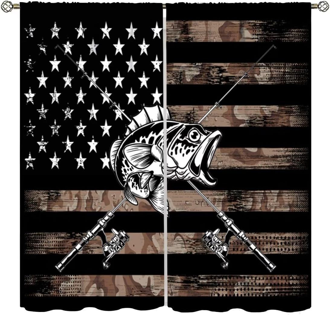 Country USA Flag Fishing Curtains,Rustic Hunting Camo Bass Fish Printed Windows Treatments for Men Bedroom Living Room Kitchen,Western Country Décor Drapes 2 Panels,Total Size 55" W x 63" H