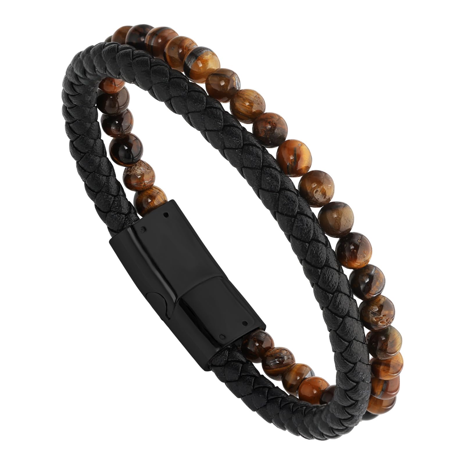 Hengbofeng Mens Bracelet, Jewelry Gifts for Men,Black Braided Leather Stainless Steel Cross With Black Onyx Beads Double-Row Bracelets for Men,For Dad,Friends,Brother,Sons