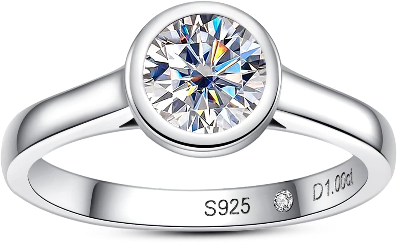 Moissanite Engagement Rings, 1/2/3 CT Bezel Setting Round Lab Created Diamond Solitaire Promise Rings in 14K White Gold Plated Sterling Silver, Anniversary Rings for Women