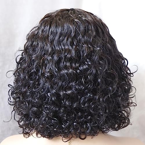 CLASSINE Short Kinky Curly Human Hair Wig with Bangs 150% Density Virgin Human Hair Wig for Black Women Short Bob Wig Human Hair Glueless None Lace Front Wig Human Hair Natural Black Color(10 Inch) - Image 3