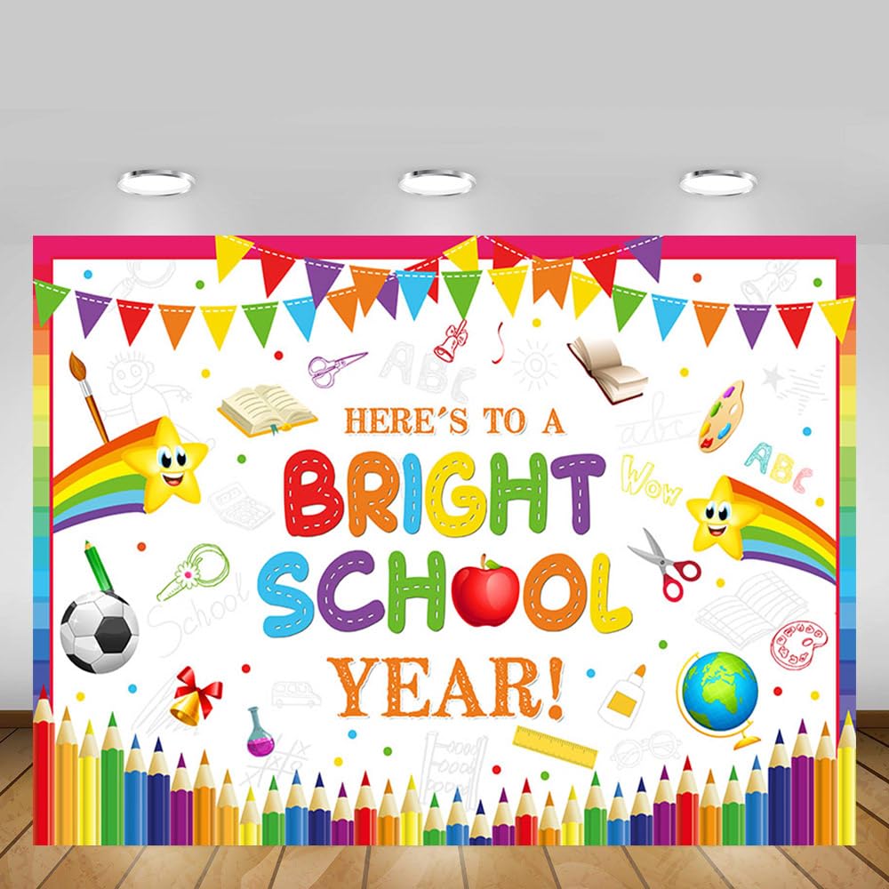 MEHOFOND Welcome Back to School Backdrop Here's to A Bright School Year Photography Background Kindergarten Preschool Kids First Day of School Party