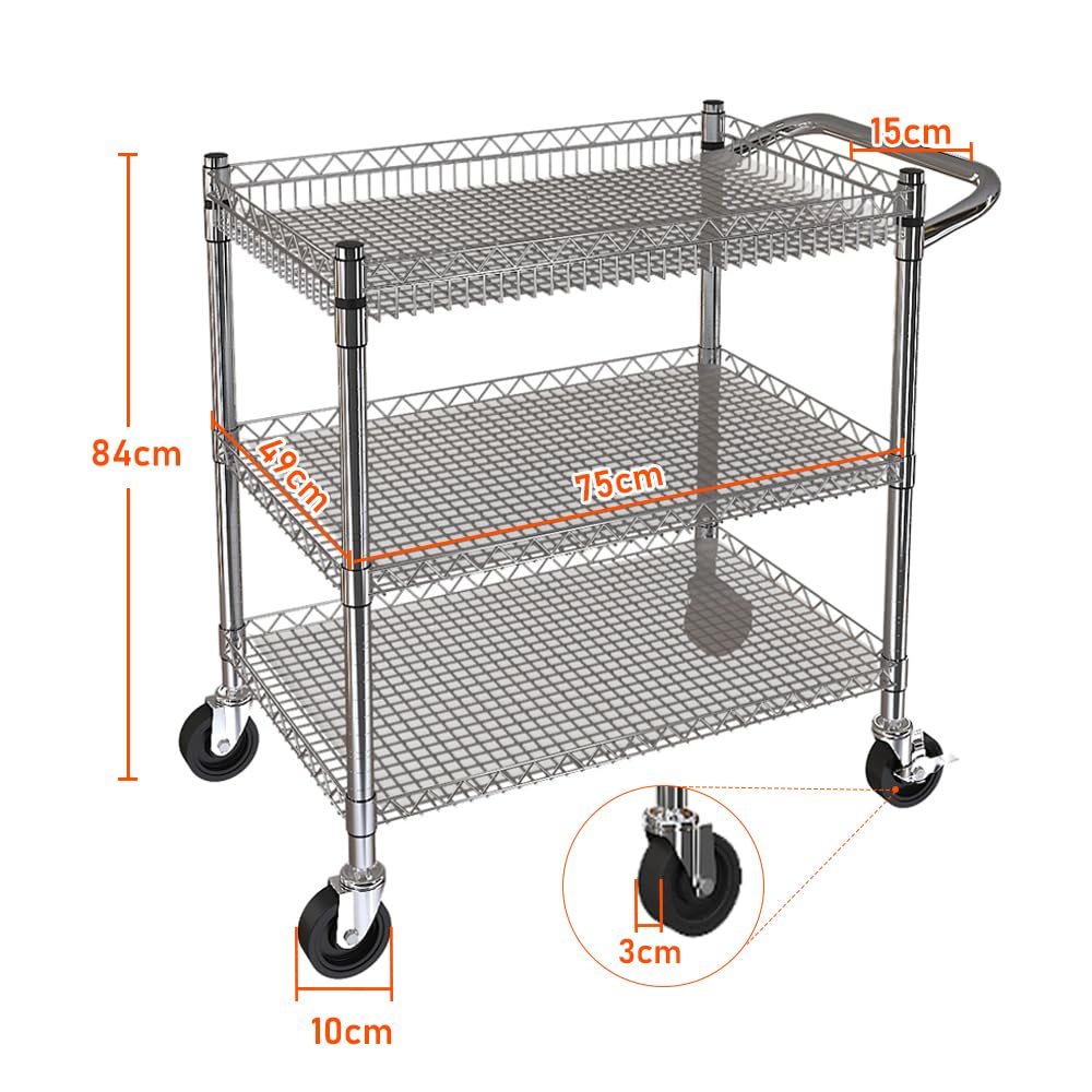 BPT Servierwagen mit Rollen, 3 böden Teewagen, Hotelrestaurant-Küchenwagen (Silber-(500KG))