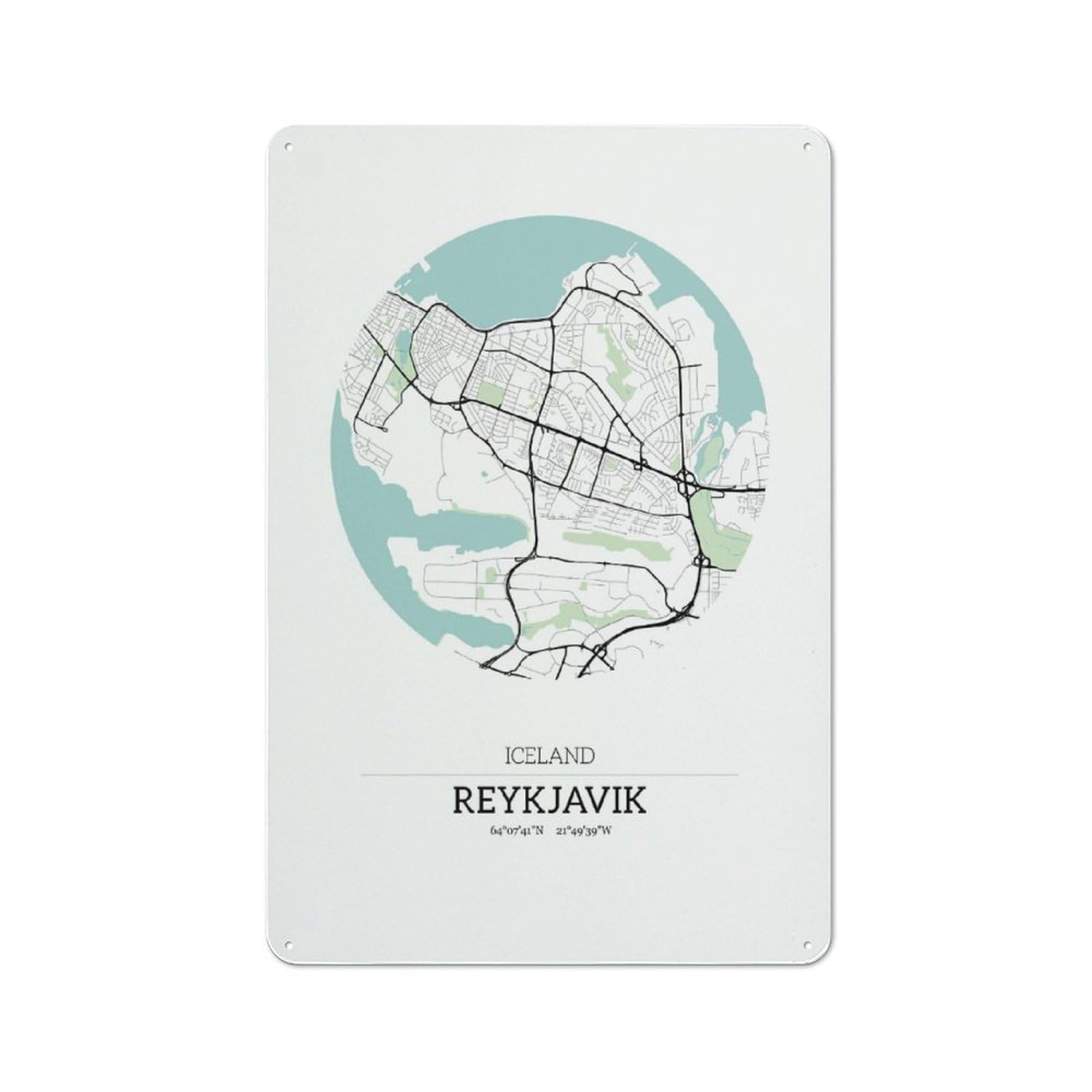 Reykjavik Iceland City Map Modern Vintage Metal Wall Decor 30x20cm, Office Metal Sign for Office, Study, Studio Or Hallway