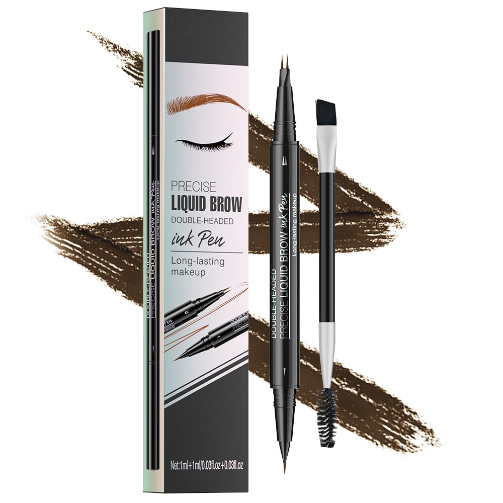 Pinkiou Microblading Eyebrow Pen, 2-In-1 Waterproof Eyebrow Pen, Dual-Ended Eyebrow Pen with 2-Fork-Tips and Precision Brush, Eyebrow Pen for Natural Hair-Like Brows,Long Lasting,Brown