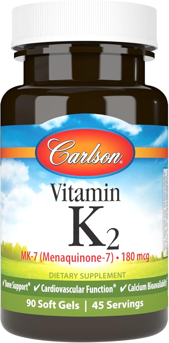 Carlson - Vitamin K2 MK-7 (Menaquinone), 180 mcg, Bone Support, Calcium Bioavailability, K2 Vitamin, Vitamin K-2, 90 Softgels