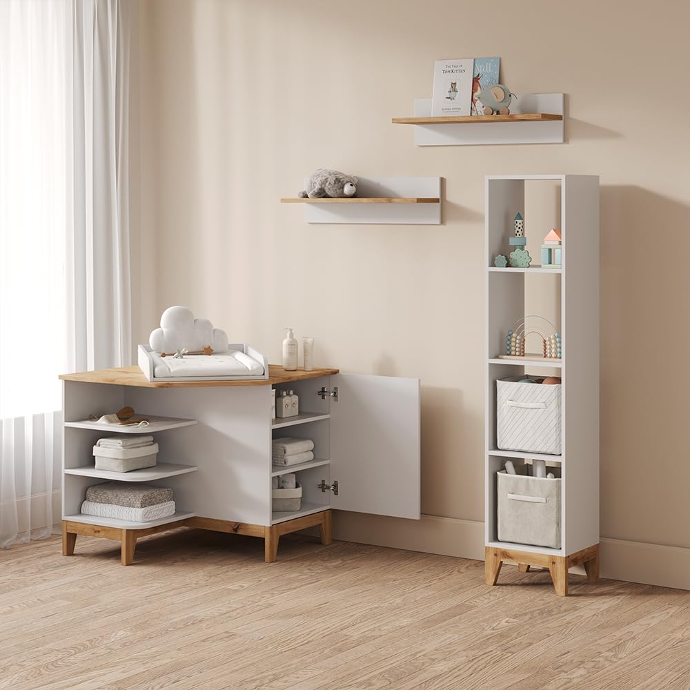 Livinity Commode à Langer Mailo, Blanc/Artisan, avec porteEspace de Jeu et de Lecture avec Un Facteur de Confort