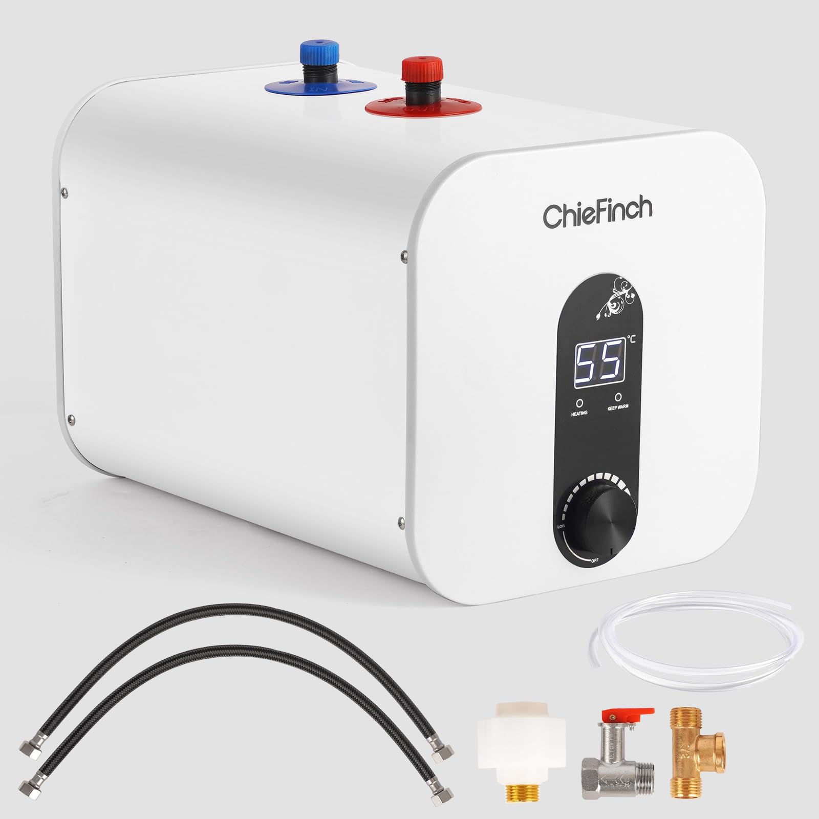 ChieFinch Mini-Tank Electric Under Sink Water Heater 2.6 Gallon Point of Use Instant Electric On Demand Hot Water Heater for Kitchen Counter Rv Tr Trailer, 110V/120V 1500W