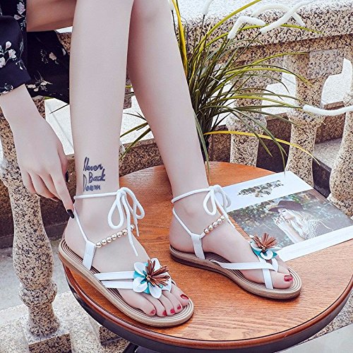 BTBTAV Mr Clip Toe Sandals Female Korean Version Of The Beaded Strap Sandals Flat Terrace And Beach Shoes Eu 39 White