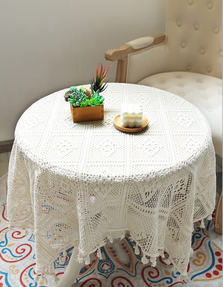 HeichkelL Vintage Spitzentischdecke Quaste Tischdecke Quadratisch Häkelspitze Deckchen Lace Tischtuch Hochzeit Küche Party Dekor Beige 140 x 250 cm
