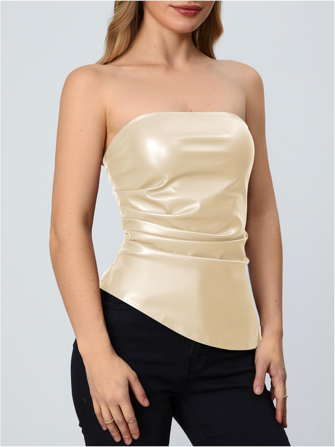 MakeMeChic Women's Leather Corset Tops Strapless Tube Asymmetrical Ruched Backless Crop Going Out Tops - Image 3