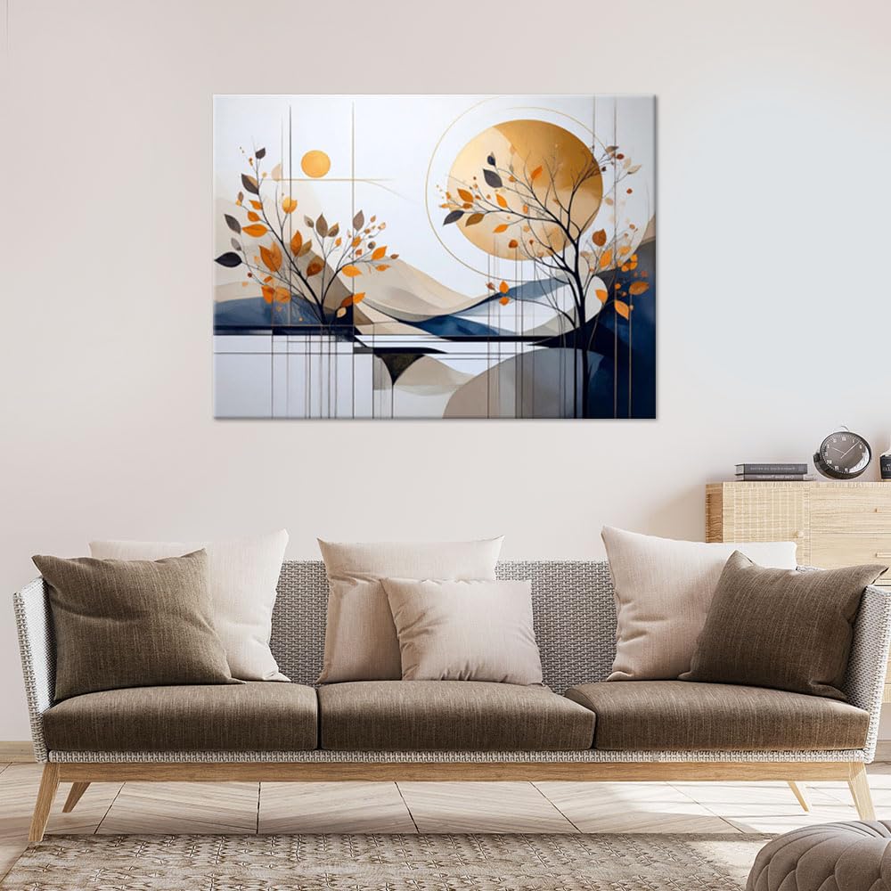 Feeby Wandbilder - Bilder Schlafzimmer - Abstrakt Berge Sonne Blätter - 90x60 1tlg - Wohnzimmer Bild Groß - Wohnungs - Foto Geschenk - Leinwand Wall Art - Wand Deko