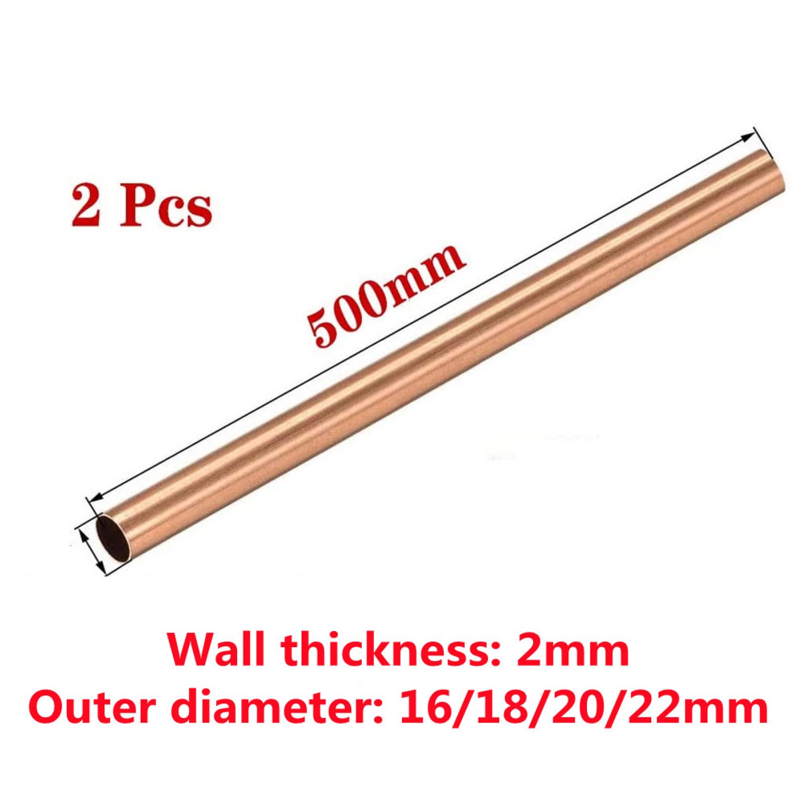 Tubo tondo in rame, Tubo in rame tubo in rame, Tubo in rame duro, Tubo in rame dritto, Tubo dritto in rame T2, Purezza 99,9%, Spessore 2 mm, Lunghezza 500 mm, Diametro esterno 22 mm*2 pezzi