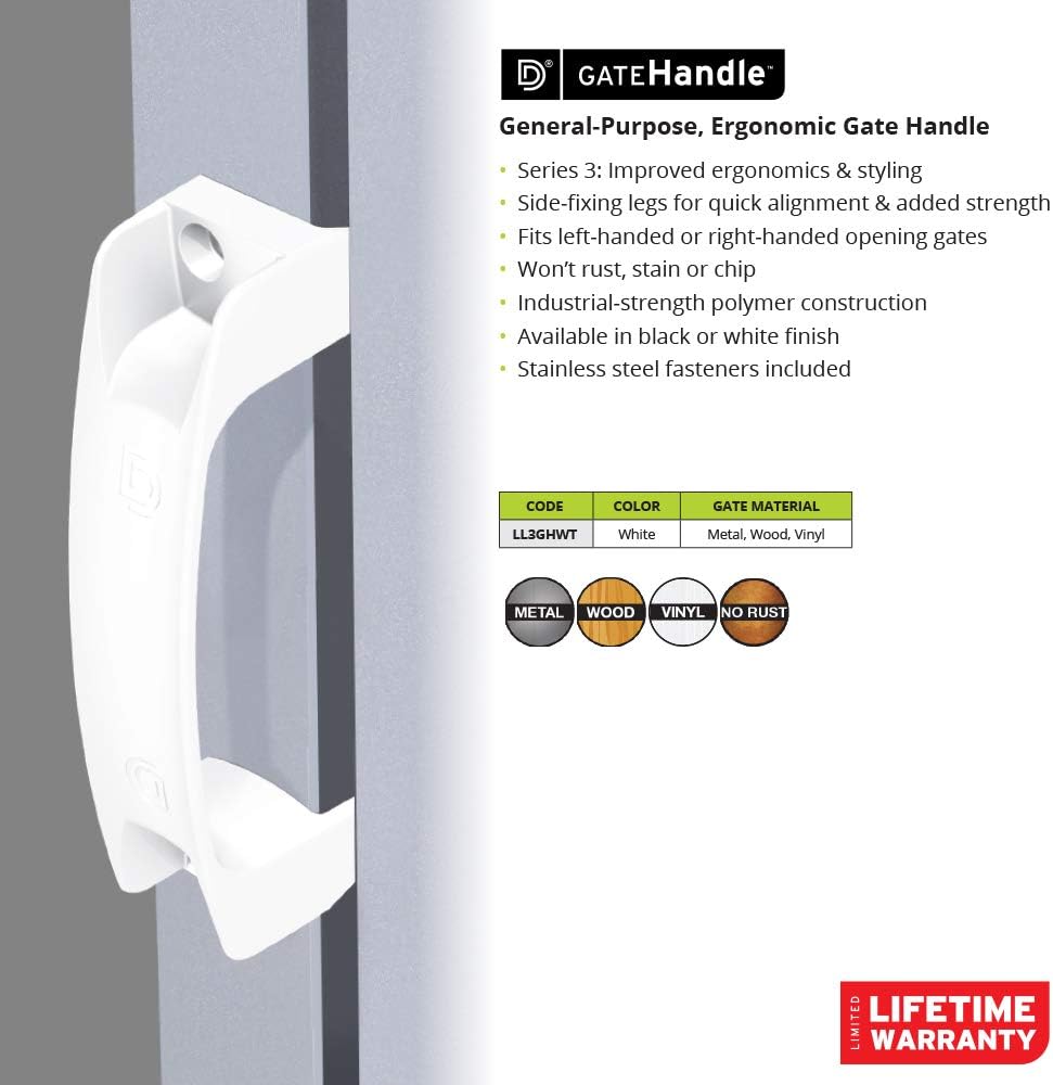 D&D TECHNOLOGIES LL3GHWT Gate Handle, Reversible for Right or Left Handing, Side-Fixing Legs Provide Easy Alignment & Added Strength, for Any Square Post Gate White